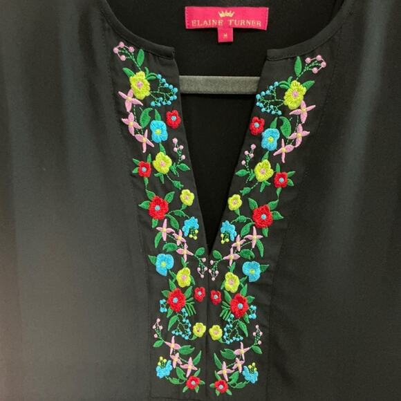 ELAINE TURNER Embroidered Tunic Kaftan Dress Black Multicolor Floral Boho Size M - Picture 2 of 5
